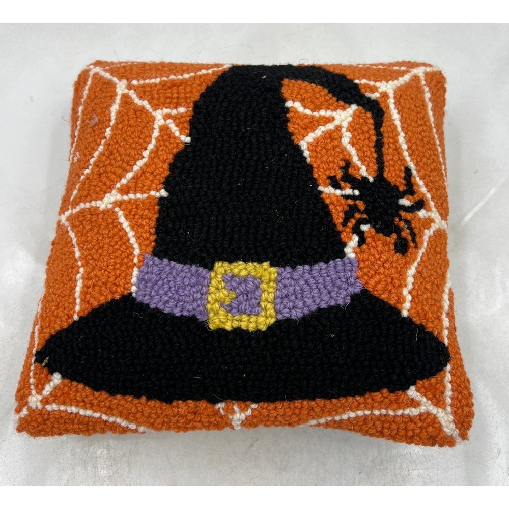 Peking Handicraft Throw Pillow 10x10 Halloween Hooked Wool Witch Hat Spider Web